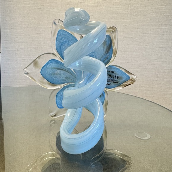 Vintage Hand-blown Murano Art Glass Flower W/Curled Stem Blue Clear Glitter - Picture 5 of 6